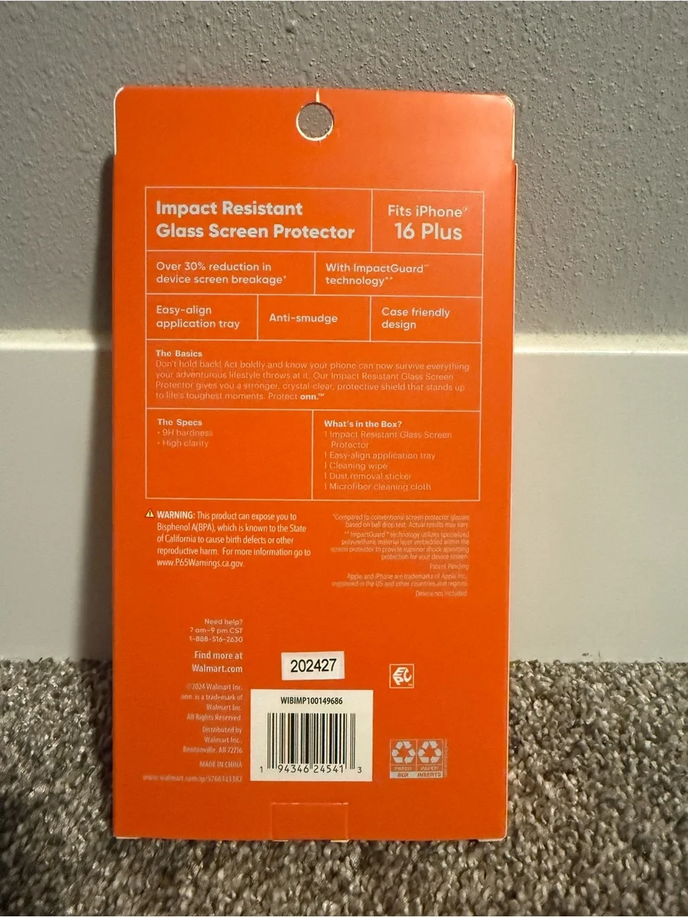 onn. Protect Impact Resistant Glass Screen Protector for iPhone 16 Plus - Orange